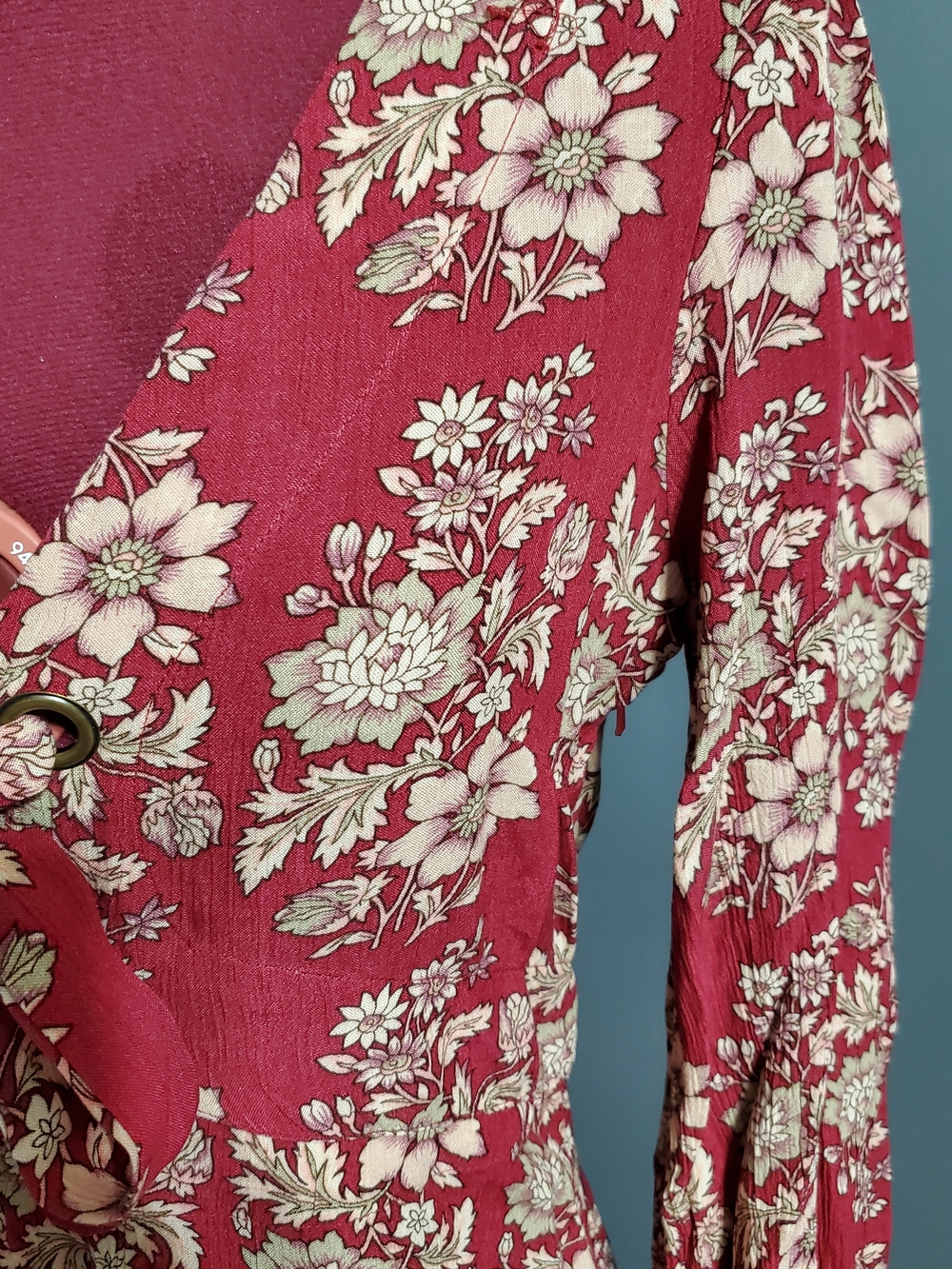 American Eagle Outfitters Red Floral Tie-Front Long Sleeve Midi Dress Size S - Picture 6 of 9